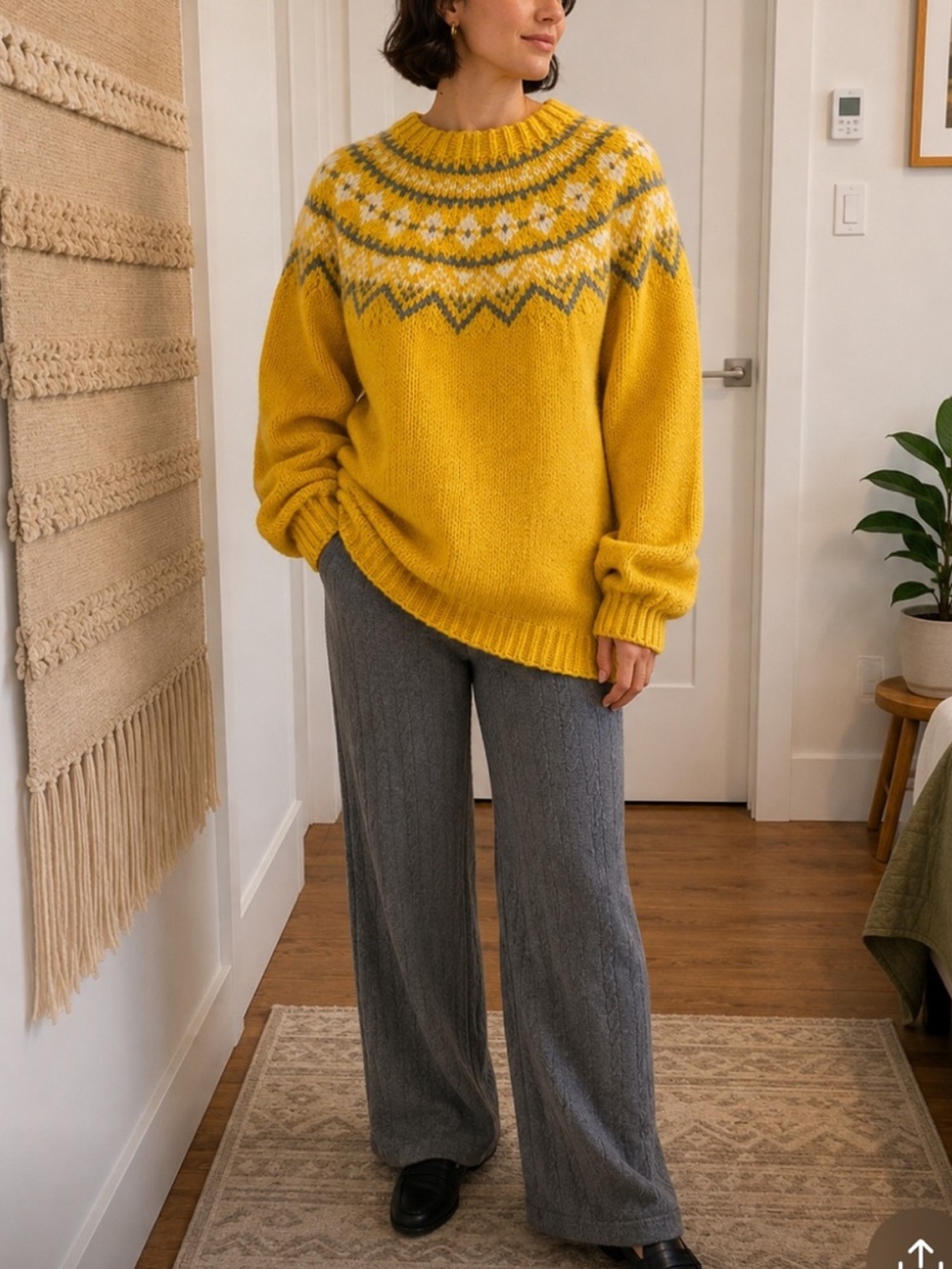 Vintage Yellow Gray and White Fair Isle Sweater Size Large